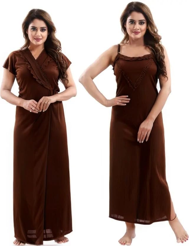 Women's Satin Maxi Night Dress Full Sleeve Gown Comfortable & Fancy Sleepwear for Ladies Ankle Length Nightwear 2pcs Set with Robe-image-47
