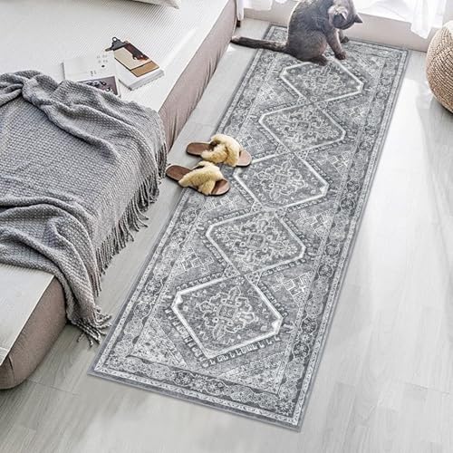 KUTA Oriental Washable Runner Rug, 2x5 Runners Non-Slip Vintage Grey 5ft Hallway Kitchen Rugs Ultra Soft Printed Distressed Tribal Farmhouse Carpet for Bedroom Entryway Decor