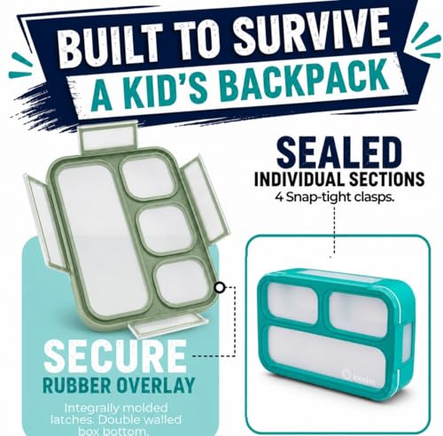 Image of kinsho Bento Lunch Box And Snack Container Set For Kids And Adults - Large 4 & Small 3 Divided Food Compartments - Portion Control Meal Prep - Reusable for School Work Travel - 2 Pack Green Blue Set