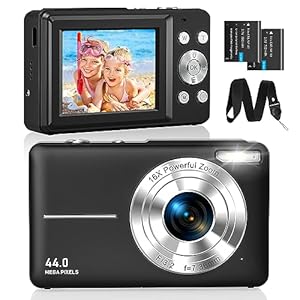 CAMKORY Digitalkamera Fotokamera FHD 1080P 44MP Kompaktkamera 16X Digitalzoom Fotoapparat Klein Einfache Bedienung Bildstabilisator mit 2 Akku für Kinder Anfänger Jungen Mädchen Schwarz