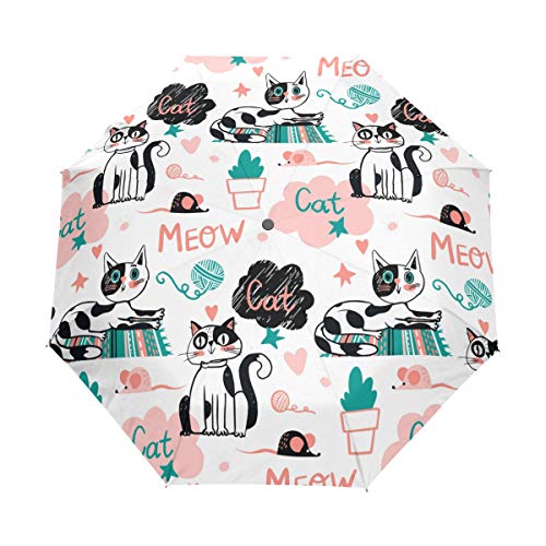 Rosa Gato Negro Gatito Paraguas Plegable Hombre Automático Abrir y Cerrar Antiviento Protección UV Ligero Compacto Paraguas para Viajes Playa Mujeres Niños Niñas Cover