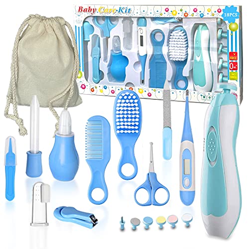 Baby Healthcare and Grooming Kit, 18 in 1 Deluxe Portable Newborn Nursery Health Care Kit Baby Essentials W/Baby Electric Nail Trimmer Set, Baby Thermometer, Medicine Dispenser, Baby Comb, etc (Blue)