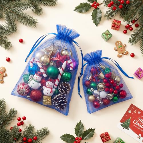 Image of FUNFERY 100Pcs Royal Blue Organza Bags 4x6, Small Mesh Drawstring Gift Bag | Little Jewelry Bags for Wedding Party Favors, Mini Drawstring Pouch for Sachet, Candy, Goodie, Treat Bag for Easter Day