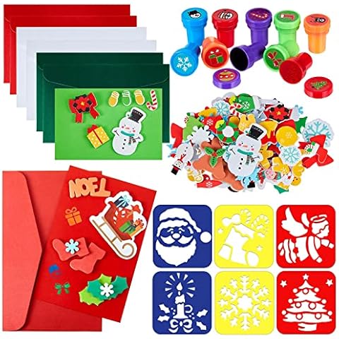 Christmas Card Making Kits for Children, Include Blank Cards and Envelopes for Card Making Assorted Christmas Stickers, Stamps and Stencils, Christmas Crafts Supplies for Xmas Party School Event Cover