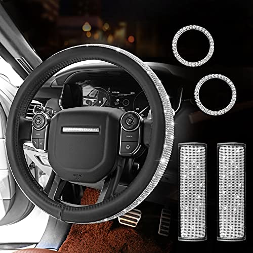 TTCR-II Bling Leather Car Steering Wheel Cover Set with Crystal Diamond Rhinestones, 15-Inch Universal Bling Leather Steering Wheel Protector, 2PCs Bling Seat Belt Covers, 2 PCs Bling Ring Emblem