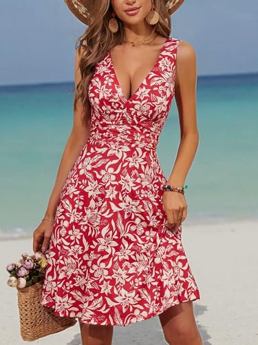 Image of OURIN Women's Spring Deep V Neck Sleeveless Floral Sundresses with Pockets Flowy Summer Dresses for Women