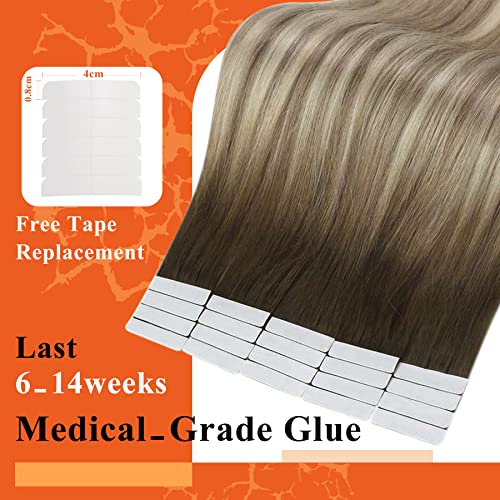 Image of Full Shine Hair Extensions Tape in Color Dark Brown 3 Fading to 8 and 22 Blonde Tape in Hair Extensions 12Inch Invisible Skin Weft Human Hair Tape in Extensions 20Pcs 30Gram Add Volume