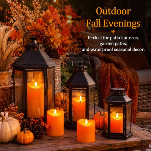 Image of Homemory Halloween Orange Waterproof LED Candles, Remote Timer, Set of 6 | Flameless candles, D3 x H4 /4 /5 /6 /8 /8 in, plastic shell, indoor outdoor fall decor, porch, patio, pathway and lanterns