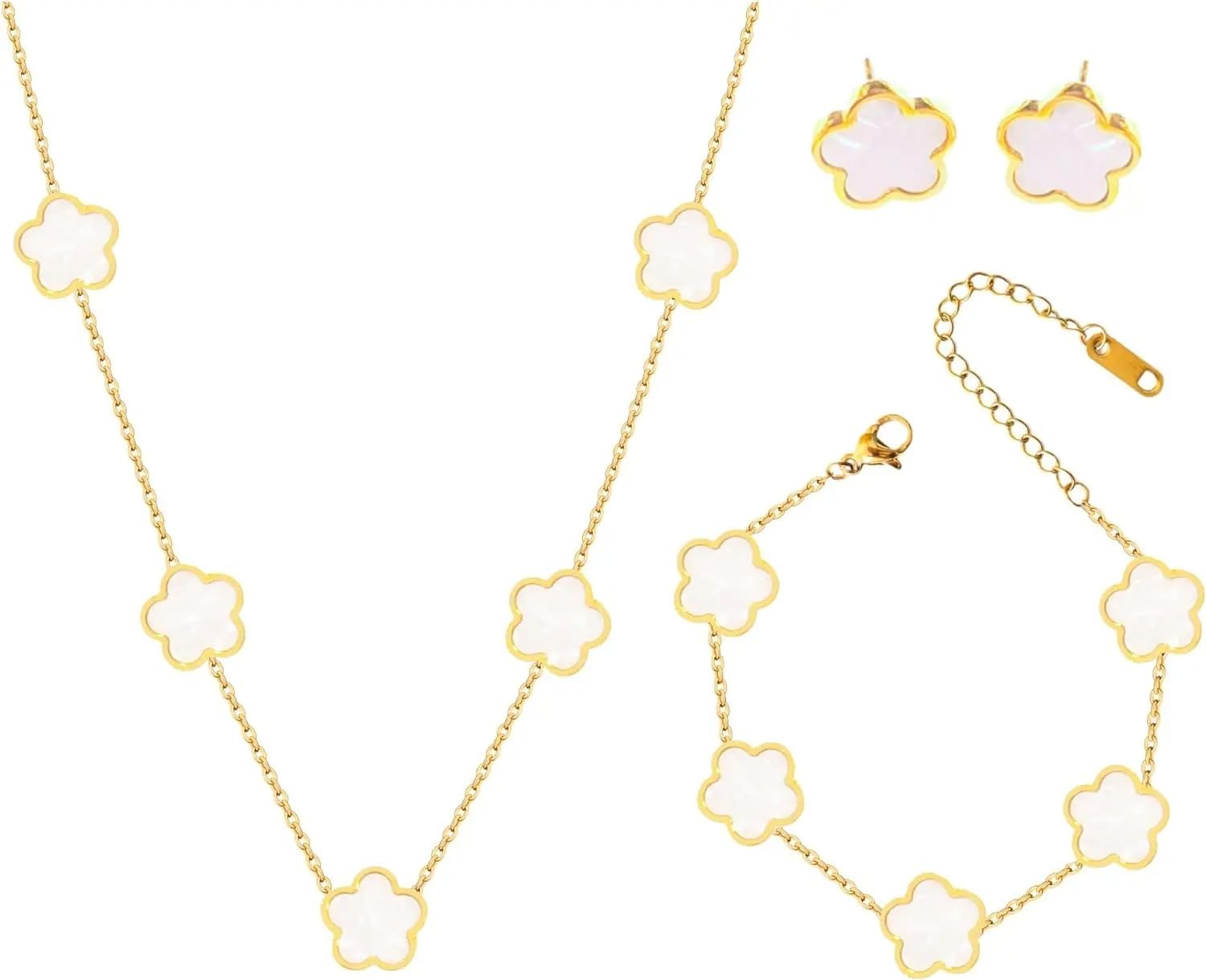 OSIRIDEH2Clover Jewelry Set 18K Gold Plated Stainless Steel Necklace with Flower Design Four Leaf Clover for Women,Elegant Four Leaf Clover Necklace Floral Style Jewelry