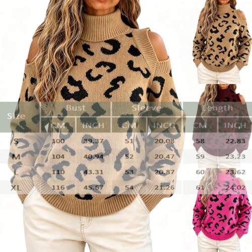Women's Leopard Print Turtleneck Long Sleeve Cold Shoulder Knit Sweater - image 4