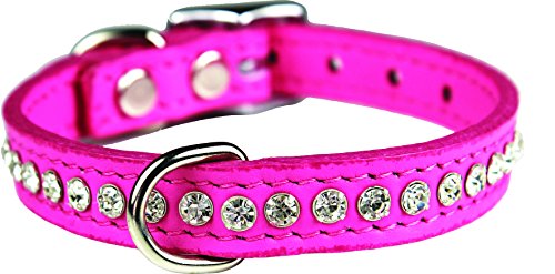 Image of Signature Leather Crystal Dog Collar, Pink Solid Grain Leather, Fits 7.5 inch-9.5 inch Neck Size, 12 inch Overall Length