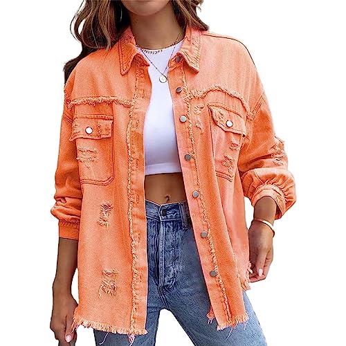 Women's Button Down Oversized Denim Jackets Ripped Frayed Shacket Jean Coat Distressed Shirts with Pockets