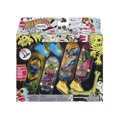 Hot Wheels Skate Caveiras néon - conjunto de 4 mesas 'fingerboard', inclui um par de sapatilhas para skate, desenhadas em colaboração com Tony Hawk - para meninos e meninas 5 anos, HPG23