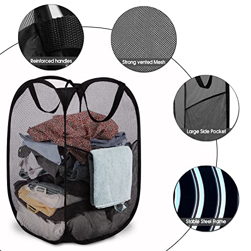 Image of BATTOO Deluxe Strong Mesh Pop up Laundry Hamper Basket with Side Pocket Foldable Hamper for Laundry Room, Bathroom, Kids Room, College Dorm or Travel Navy + Black
