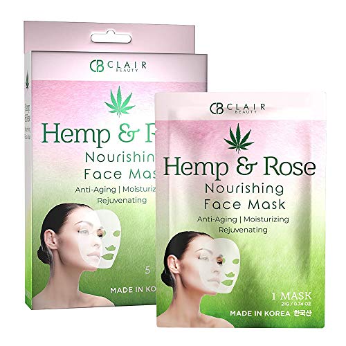 CLAIR BEAUTY Hemp & Rose Nourishing Sheet Face Mask - Deeply Moisturizing, Anti Aging & Rejuvenating | Reduces Fine Lines & Wrinkles | Locks in Moisture Restoring Dry Skin | Made in Korea - 5 Pack