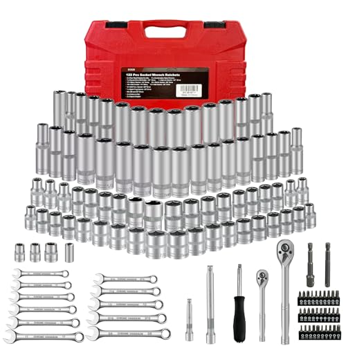 EACELIY 122Pcs 1/4' & 3/8” Drive Impact Socket Set, Ratchet Socket Wrench Set with Extention Bar, Adapter, Screw Bits,Drive Bit Holder, Spark Plug Socket,CR-V