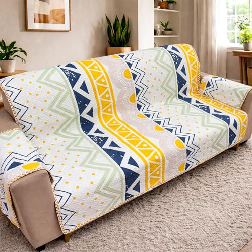Image of Homerz Premium 3 Seater Quilted Reversible Sofa Cover Mat with Pocket Arms | Polyester Blend 350 GSM Full Coverage & Back Belt for Stability (Sylvara, 3 Seater)