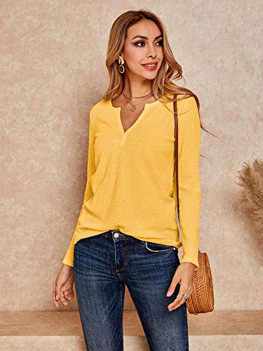 Dellytop Womens V Neck Waffle Knit Shirts Long Sleeve Loose Fitting Warm Tee Tops Sweaters Pullovers4