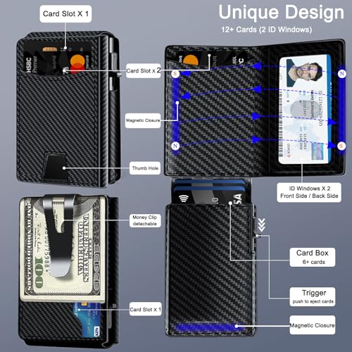 Minimalist Wallet for Men, 2 ID Windows Mens Trifold Wallet for RFID Blocking Leather Wallets 9-13 Cards, Magnetic Pop Up Credit Card Holder with Money Clip - Gifts for Dad Husband Boyfriend Him3