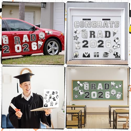 Image of Landhoow 30 Pcs Graduation Car Magnets 2026 Senior Graduation Car Decoration Bumper Sticker Congrats Grad Magnet Magnetic Refrigerator Decal for Grad Parade Party Supplies(Black, Silver)