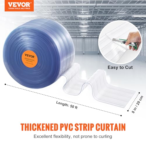 Vevor JZMLLW-50X8 Strip Curtain, 50' Length X 8 Inch Width X 0.08 Inch Thickness, Clear Ribbed Pvc Curtain Strip Door Bulk Roll, Plastic Door Strips thumb #2