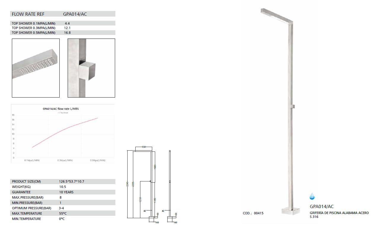 Mice - Doccia esterna per piscina/giardino/area SPA/rubinetto esterno in aceri inox S316 / colonna doccia esterna (acciaio spazzolato)