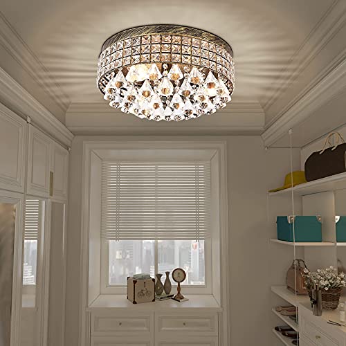 Maxax 4 Lights Crystal Chandelier, Modern Drum Ceiling Light Fixture,Mini Crystal Flush Mount Round Metal Shade Raindrop Chandelier Crystal For Dining Room Living Room Bathroom Bedroom, Bronze #TOP4