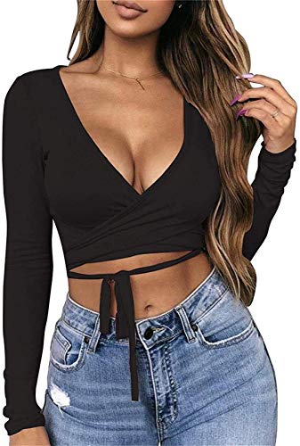 Artfish Women Sexy Deep V Neck Crop Top Bandage Wrap Tie Tight Cropped Fitted Cleavage Shirts3