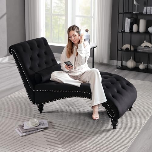 SLEERWAY Velvet Chaise Lounge Chair Indoor, Modern Button Tufted ...