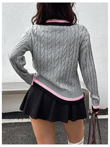 WDIRARA Women's Collar Sweater Preppy Striped Trim Long Sleeve Pullover Cable Knit Top3