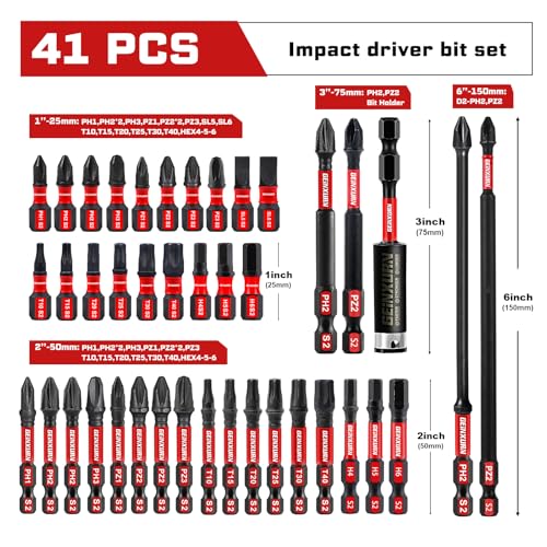 Image of Geinxurn 41-Piece Impact Resistant Screwdriver Bit Set (PH, TX, PZ, SL, Hex), 1 /4 Inch Hex Shank S2 Alloy Steel Bit Set with 75 mm Magnetic Bit Holder