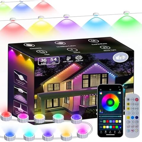Honche Permanent Outdoor Lights Christmas Lights Outdoor Permanent Christmas Lights Multicolor Warm White Color Changing 213 Modes Waterproof Music Sync Timer Dimmable (54ft with 36 Lights) Cover