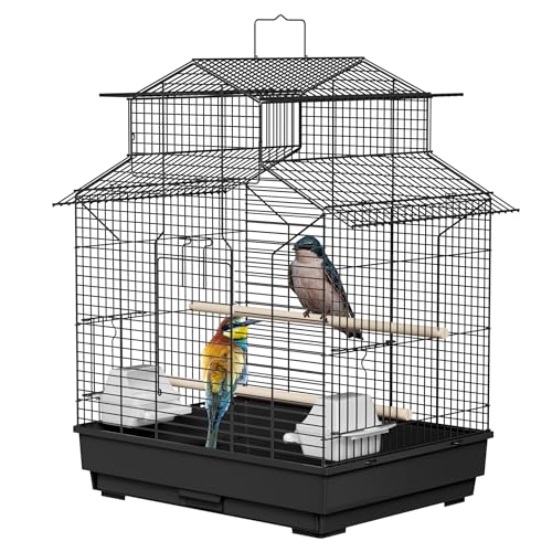 UISEBRT Vogelkäfig mit Holzstangen und Futternäpfe - Großer Vogelhaus Vogelvoliere Metall Vogelbauer Käfig Vogel für Finken Kanarienvögel Wellensittiche Schwarz (Typ C, 46x36x62cm)