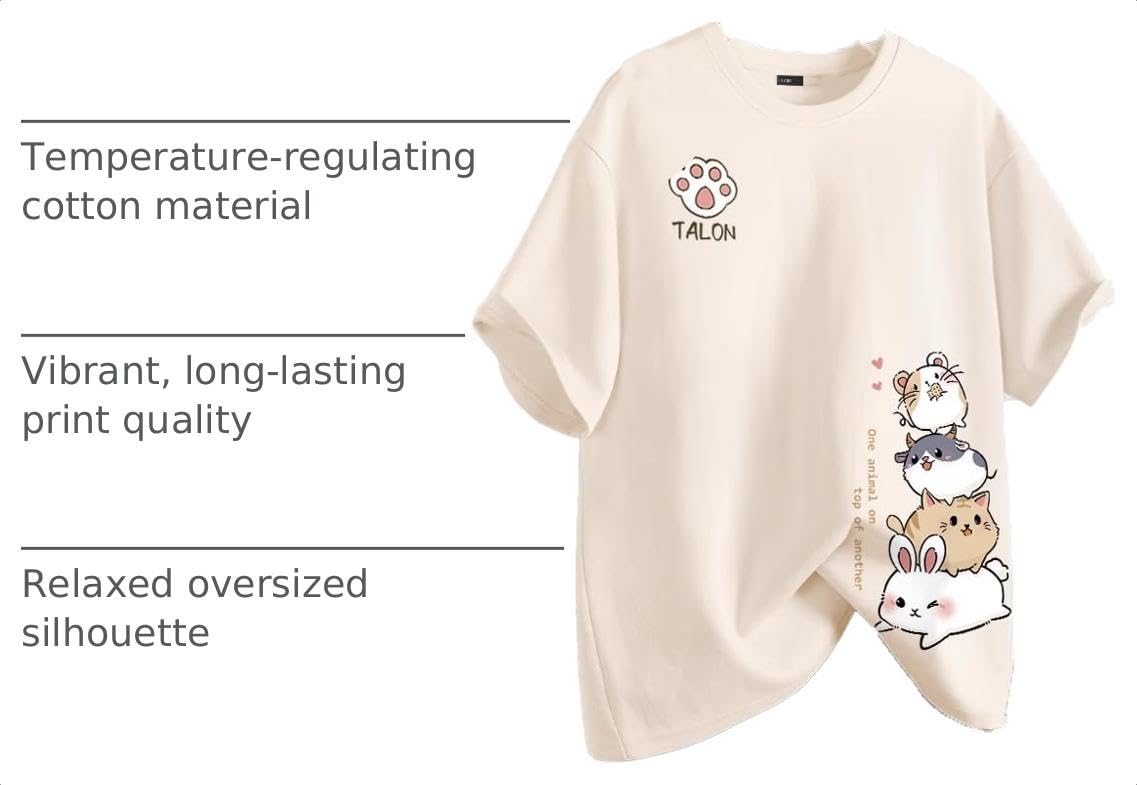 Photo 1 of GOTHPICKUS Y2K Kawaii Cat Graphic T-Shirt - Beige, Small