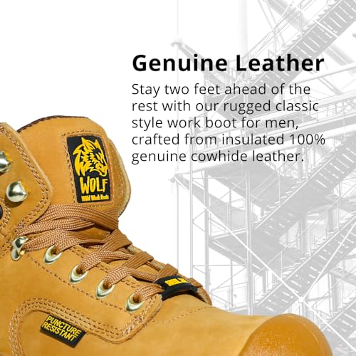 Wolf Work Boot | 100% Genuine Upper Leather | Oil, Heat, Chemical, Impact | Electrical Hazards | Non-Slip Rubber Sole | Tan Nubuck Plain Toe | Padded Collar | Construction | Industrial PPE3