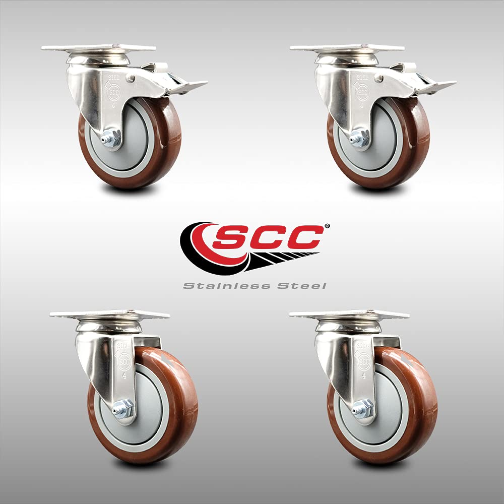 Polyurethane Swivel Top Plate Caster Set of 4 with 4 Inch Maroon Caster Wheels - 316 Stainless Steel Casters - Includes 2 Swivel with Total Lock Brakes and 2 Swivel - Service Caster Brand