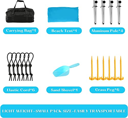 Image of Beach Tent Canopy, UPF50+ Beach Shade Portable Sun Shelter with 4 Poles, 4 Sandbags & Carrying Bag, Family Beach Sunshade for Beach, Camping, Picnic, Backyard (Blue 11x10 FT) (Sky Blue 7x7FT)