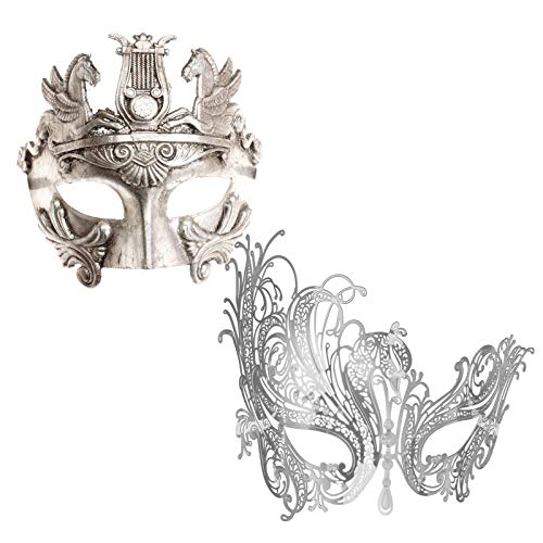 ILOVEMASKS Greek Emperor Silver & Silver Swan Laser Cut Masquerade Couple Mask