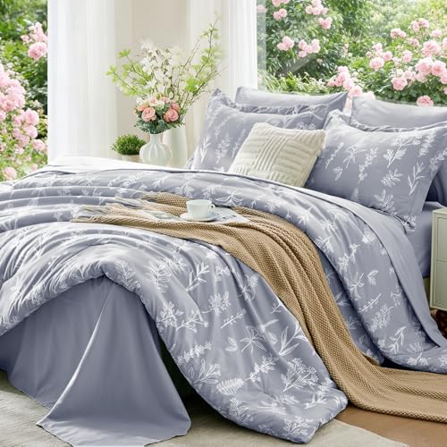 Image of MUXHOMO Light Grey Full Comforter Set, Elegant Floral Print Bed in a Bag 7 Pieces, Ultra Soft & Breathable Reversible Botanical Pattern Bedding Set with Comforter, Sheets, Pillowcases, and Shams