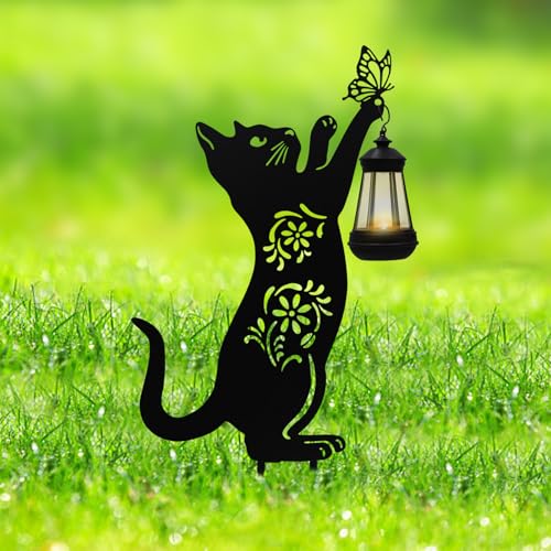 Neeenn Metal Cat Stake with Solar-Powered Light, Outdoor Solar Decorative Cat Stake, Black Cat Holding Solar Lantern Decor Stake for Outdoor Garden Lawn Yard