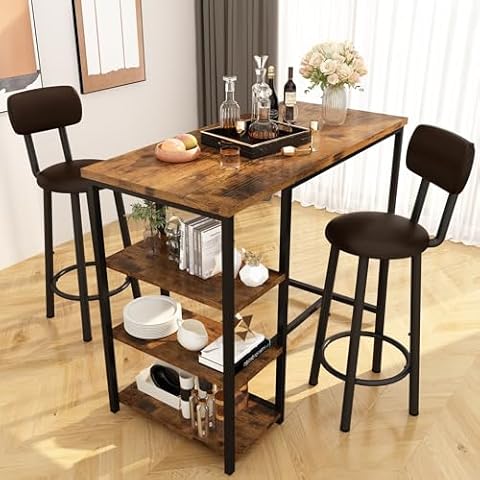 DKLGG Dining Table Set for 2, Counter Height Pub Table with 2 PU Leather Widen Backrest Bar Stools & 3 Storage Shelves, Bar Table and Chairs Set for Small Space Kitchen, Dining Room, Bar, Brown Cover