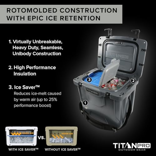 Titan PRO High Performance Ice Chest – 25 Quart Capacity – Hard Cooler with Interior LED Light, Ice Saver Performance Booster and Microban Protection – Granite Gray