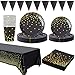 Amycute Vaisselle Noir Or Fête Anniversaire (20 Invités), Assiette Carton Gobelet Serviette Papier Nappe Bannière pour Decoration Fêtes de Mariage Obtention du Diplôme Cocktail Halloween Noël