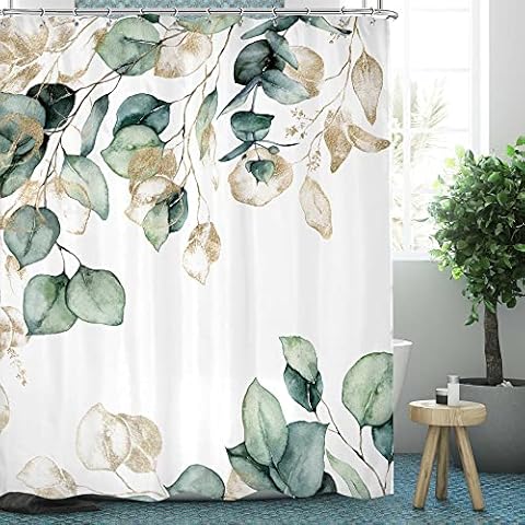Omifly Eucalyptus Green Leaves Shower Curtain 60Wx72H Inch Godlen Watercolor Plant Nature Botanical Leaf Floral Bathroom Set with 12 Plastic Hooks Fabric Waterproof Toilet Accessories Decor Cover