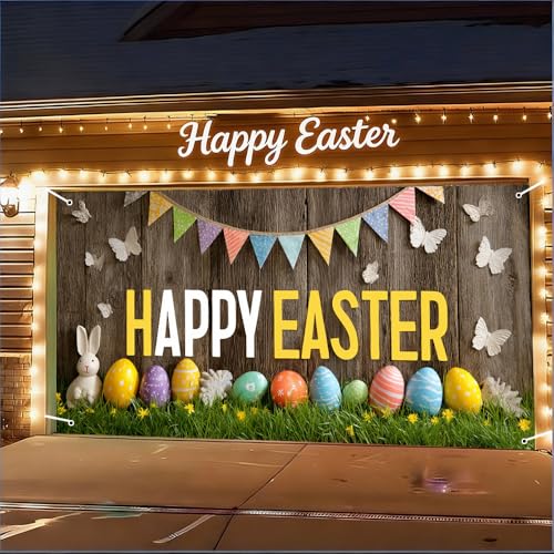 Image of Easter Garage Door Cover 157.48 x 70.87 Inch Rustic Wood Background Colorful Eggs Bunting Flags Happy Easter Text Vibrant Outdoor Decor Spring Celebration Family Party Garage Display