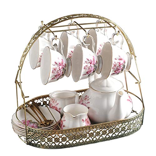 brand_name 16 Piezas Juego de té, té de la Vendimia Floral Chino Juego de té Hueso Juego de café de la Tarde Wiht un Soporte metálico, Camelia Rosada Impresión for Hogar Y Regalo