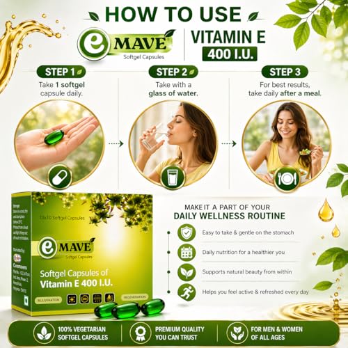 Image of Vitamin E 400 IU Softgel Capsules for Face & Hair, 100 Capsules | Vitamin E 400 IU Softgel Capsules, Natural Vitamin E Capsules, Vitamin E Capsule for Face, Suitable for Men & Women