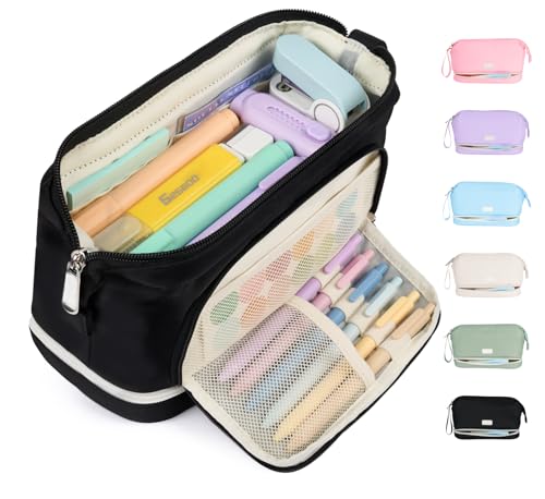 Sooez Big Pencil Case, Extra Large Pencils Pouch, Wide Opening Pen Bag Box with 6 Compartments, Store 200 Pens, Zipper Stationery Organizer, Cute Aesthetic School Supplies for Teen Girls Boys Women