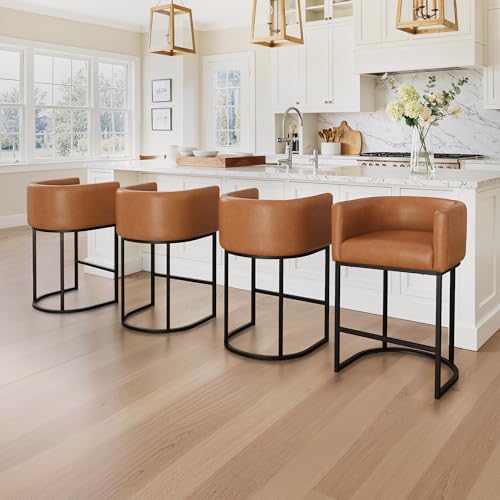 Image of LUE BONA Counter Height Bar Stools Set of 4, Modern Barrel Counter Stools with Backrest and Arms, Black Metal Frames, Faux Leather Upholstered Accent Barstools for Kitchen Island, Yellowish Brown