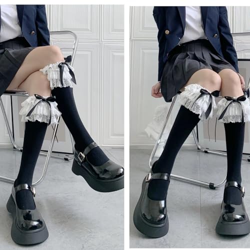 Womens Lace Ruffle Knee High Socks Lolita Multi-Layered Bows Stockings Girls College Style Long Socks for Summer3
